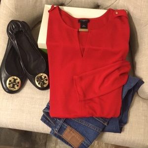 Beautiful Ann Taylor red top, long sleeves, gold accents